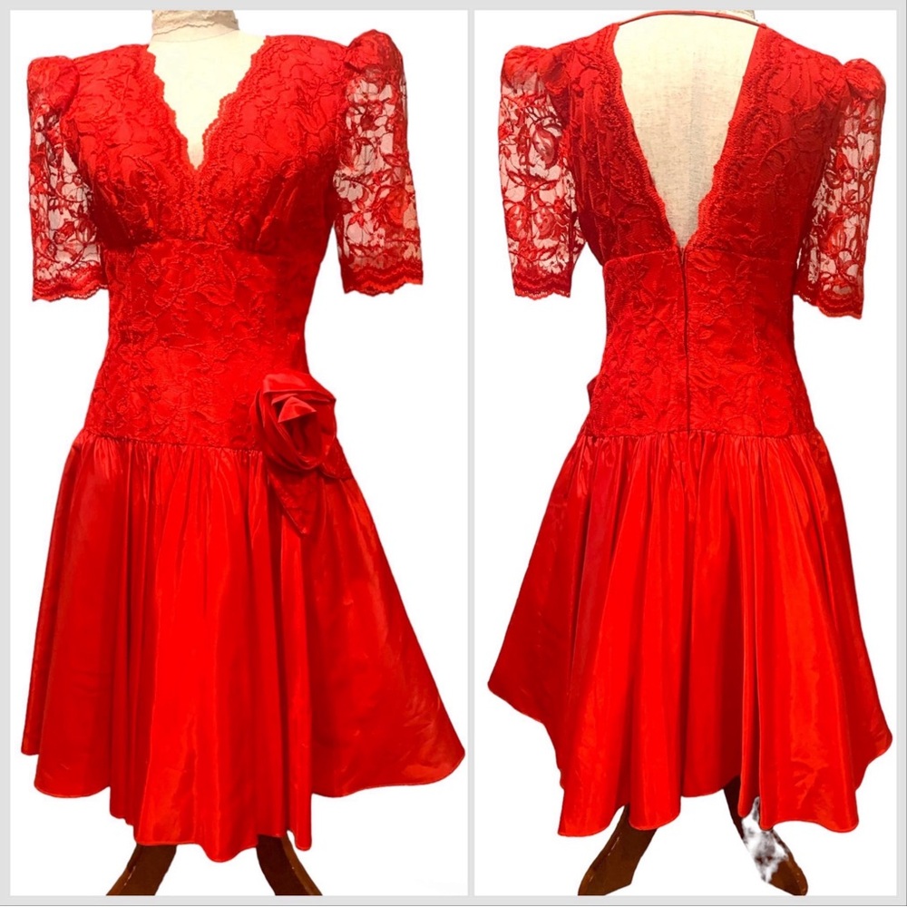 Vintage Valentine Dapper Day Red Lace Party Dress Full Skirt Rockabilly Size S-M